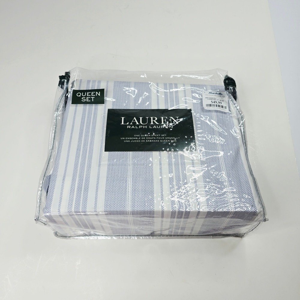 Lauren Ralph Lauren Queen Sheet Set Blue White Striped 100% Cotton 4pc New